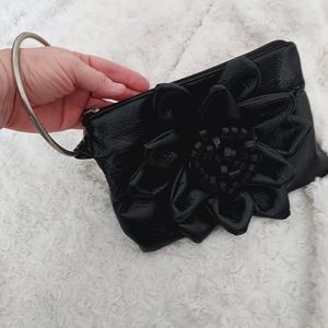 Giannini Black faux leather wrist bag Purse 3D floral detail Artsy Unique Quirky